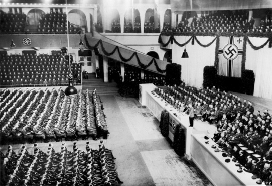 Adolf Hitler gives a speech in front of 9000 officers in Berlin's Sportpalast